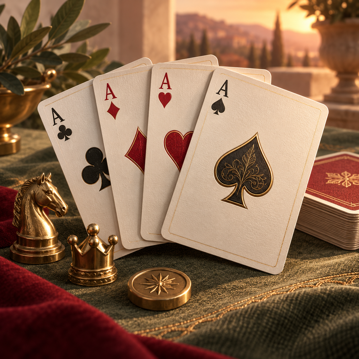 Elegant playing cards and brass game pieces