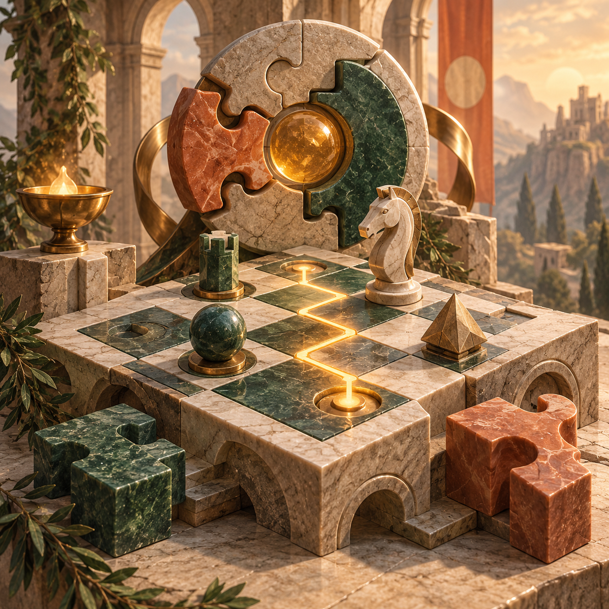 Marble strategy board and interlocking puzzle pieces
