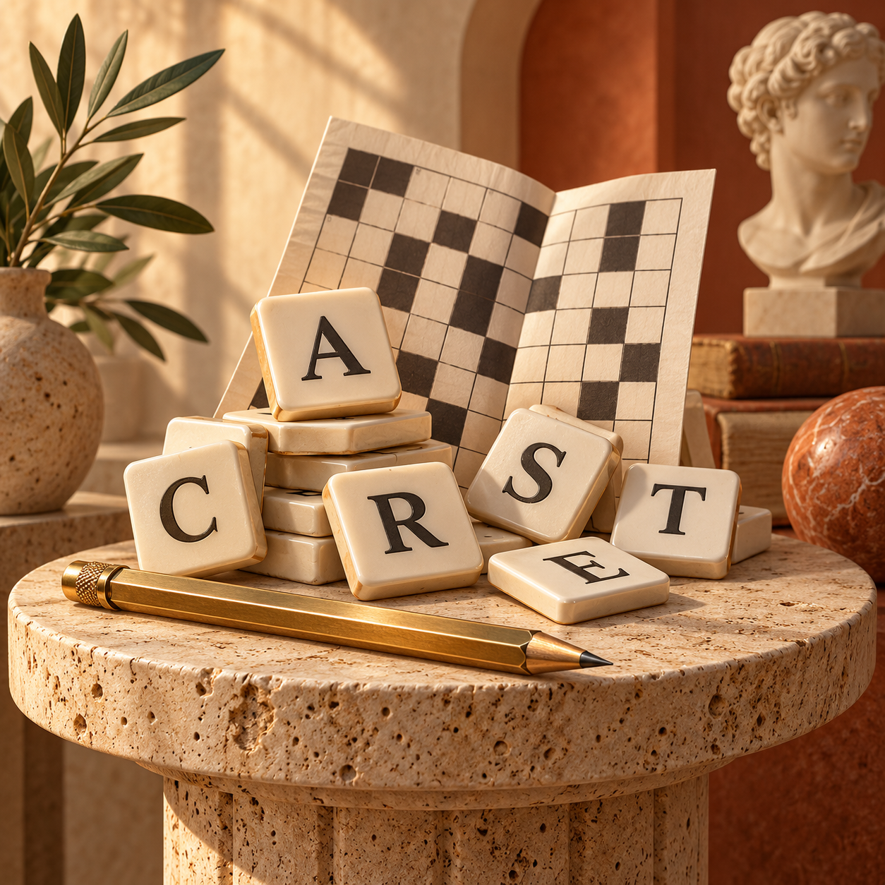 Sculptural crossword tiles and puzzle grid